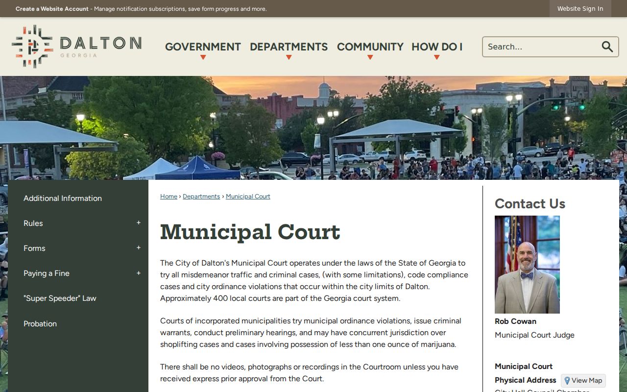 Dalton Municipal Court page showing Whitfield County city court information