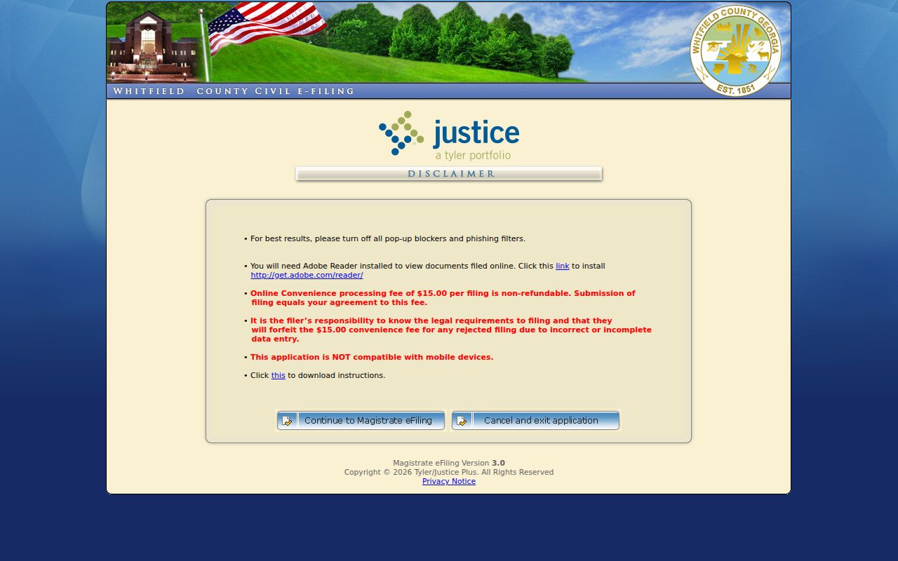 Whitfield Magistrate Court online filing disclaimer